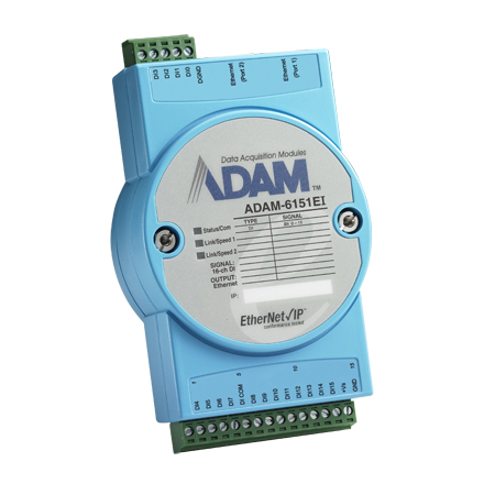 16-kanałowy Moduł Adam-6151EI-AE umożliwiający połączenie czujników z siecią za pomocą portu Ethernet.